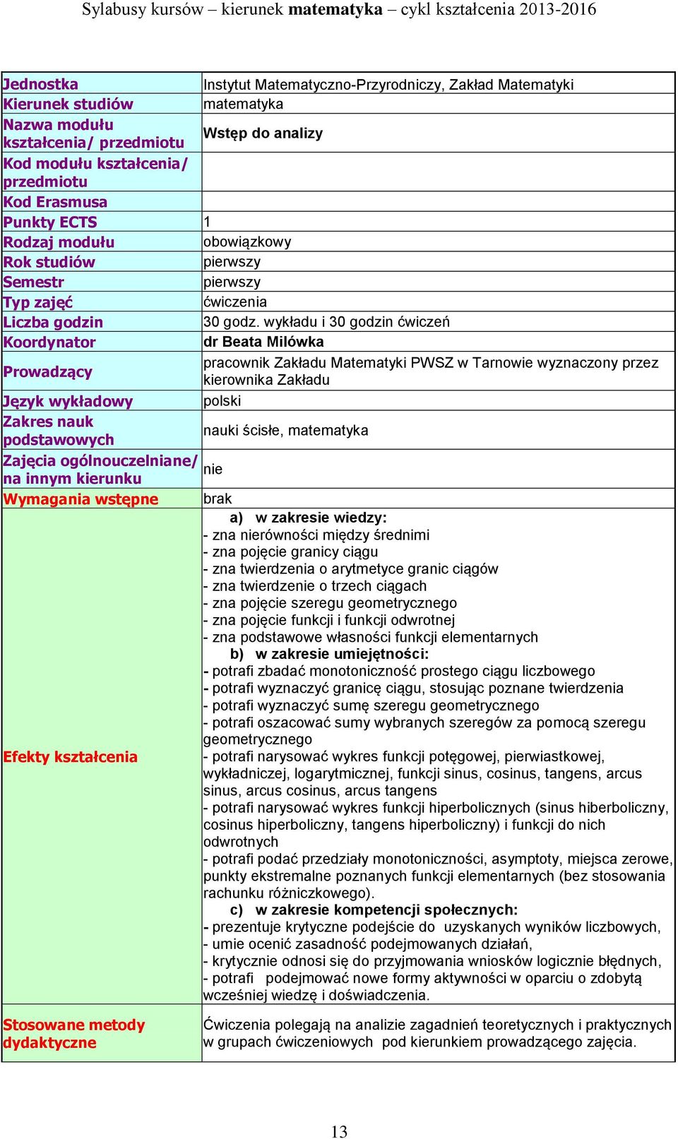 wykładu i 30 godzin ćwiczeń Koordynator dr Beata Milówka pracownik Zakładu Matematyki PWSZ w Tarnowie wyznaczony przez Prowadzący kierownika Zakładu Język wykładowy polski Zakres nauk nauki ścisłe,