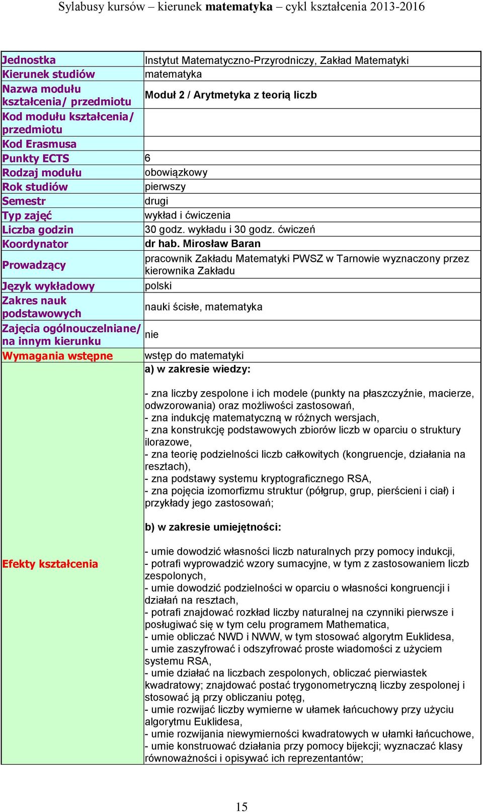 Mirosław Baran Prowadzący pracownik Zakładu Matematyki PWSZ w Tarnowie wyznaczony przez kierownika Zakładu Język wykładowy polski Zakres nauk podstawowych nauki ścisłe, matematyka Zajęcia