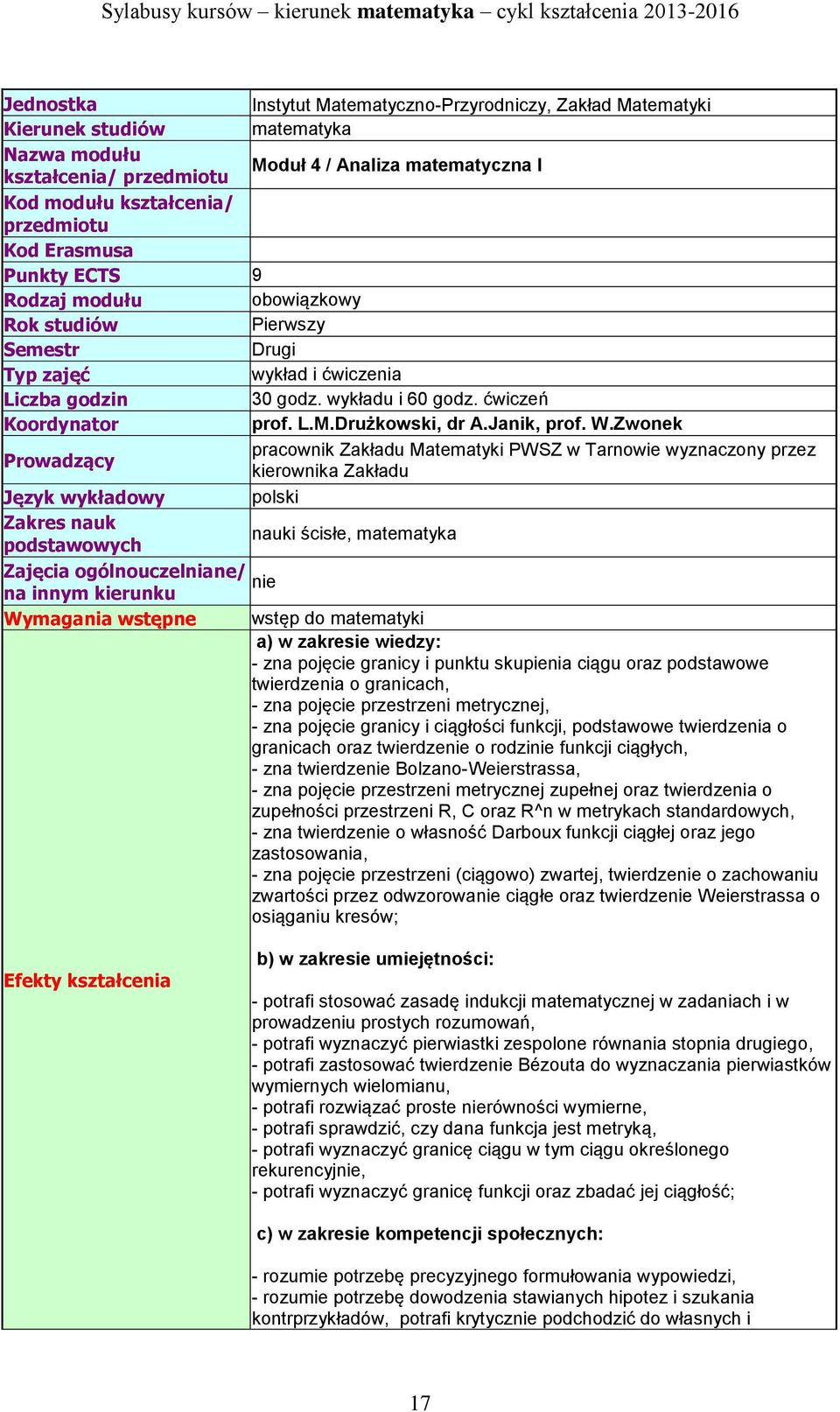 Zwonek pracownik Zakładu Matematyki PWSZ w Tarnowie wyznaczony przez Prowadzący kierownika Zakładu Język wykładowy polski Zakres nauk nauki ścisłe, matematyka podstawowych Zajęcia ogólnouczelniane/