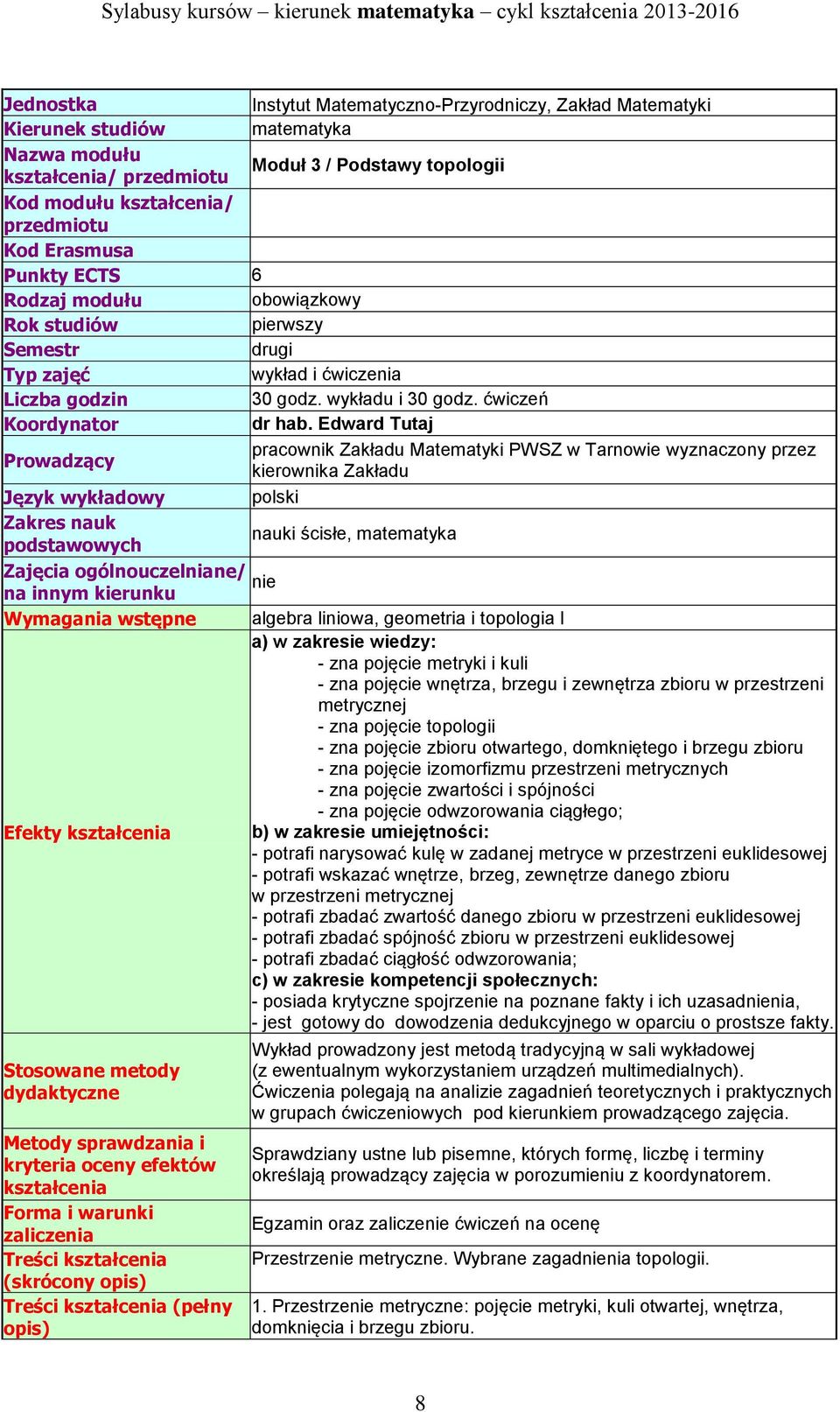 Edward Tutaj pracownik Zakładu Matematyki PWSZ w Tarnowie wyznaczony przez Prowadzący kierownika Zakładu Język wykładowy polski Zakres nauk nauki ścisłe, matematyka podstawowych Zajęcia