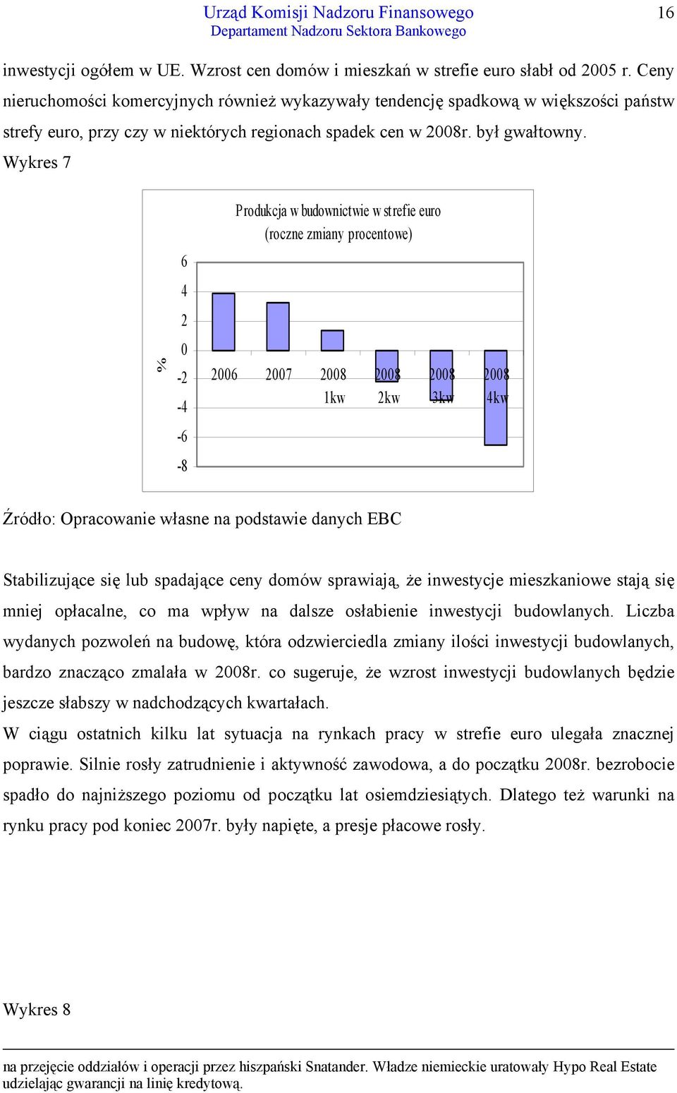 Wykres 7 Produkcja w budownictwie w strefie euro (roczne zmiany procentowe) 6 4 2 % -2-4 26 27 28 1kw 28 2kw 28 3kw 28 4kw -6-8 Źródło: Opracowanie własne na podstawie danych EBC Stabilizujące się