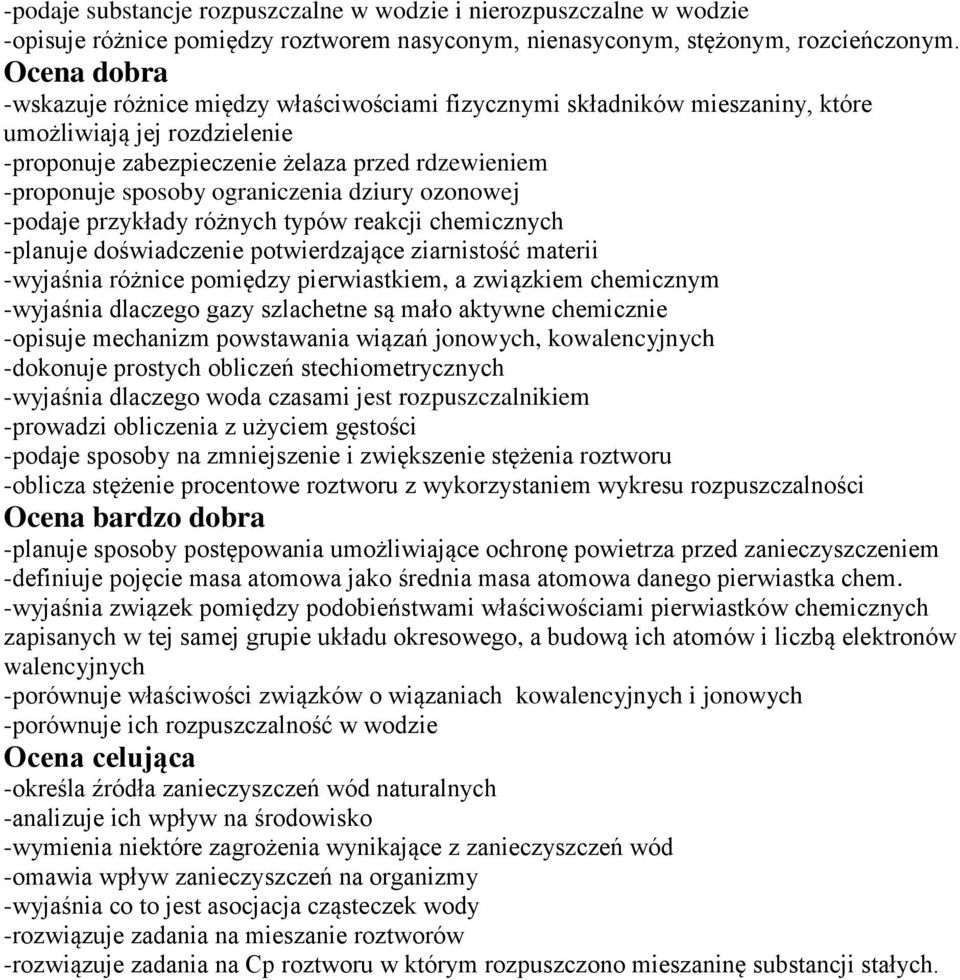 ograniczenia dziury ozonowej -podaje przykłady różnych typów reakcji chemicznych -planuje doświadczenie potwierdzające ziarnistość materii -wyjaśnia różnice pomiędzy pierwiastkiem, a związkiem