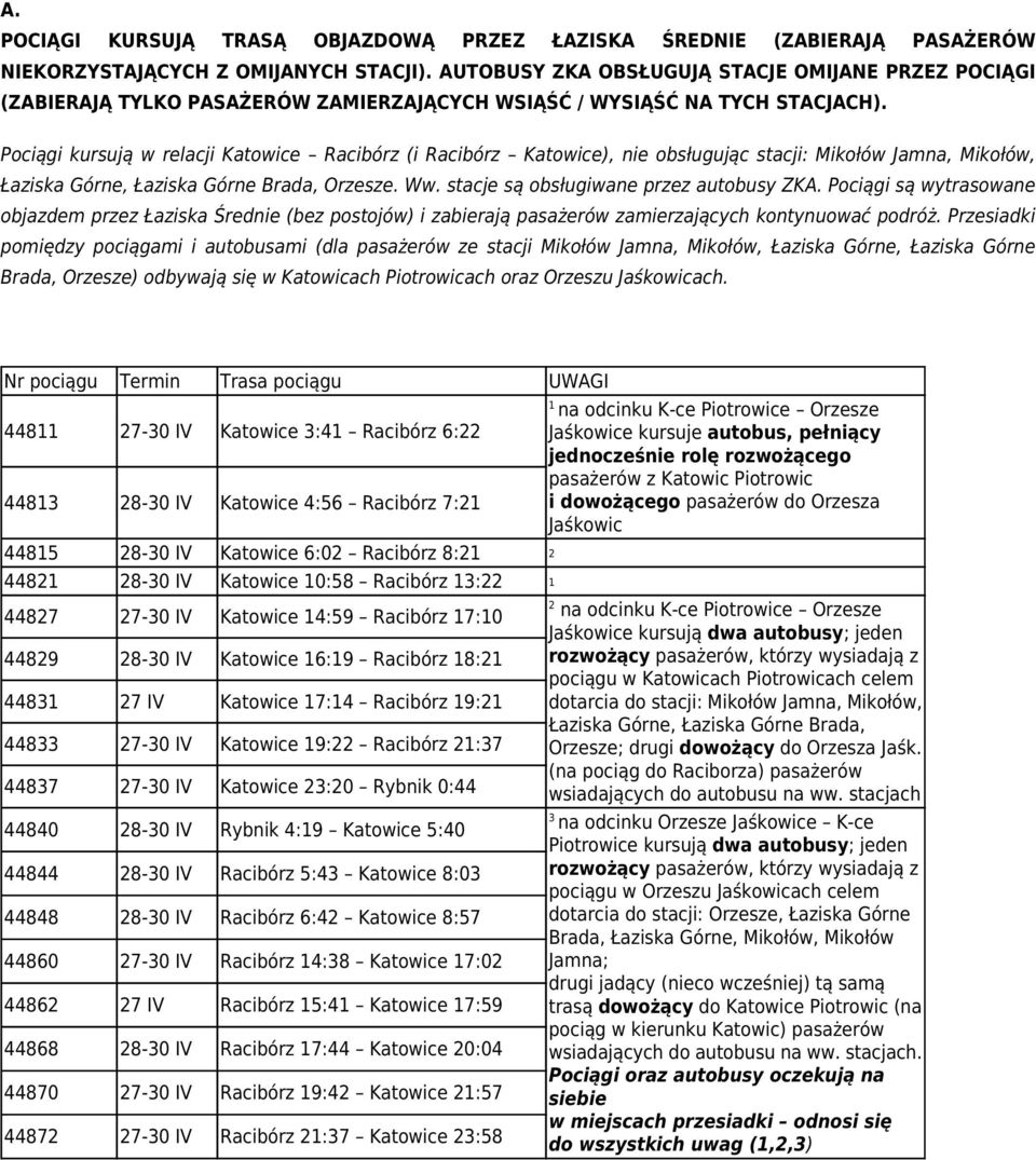 Pociągi kursują w relacji Katowice Racibórz (i Racibórz Katowice), nie obsługując stacji: Mikołów Jamna, Mikołów, Łaziska Górne, Łaziska Górne Brada, Orzesze. Ww.