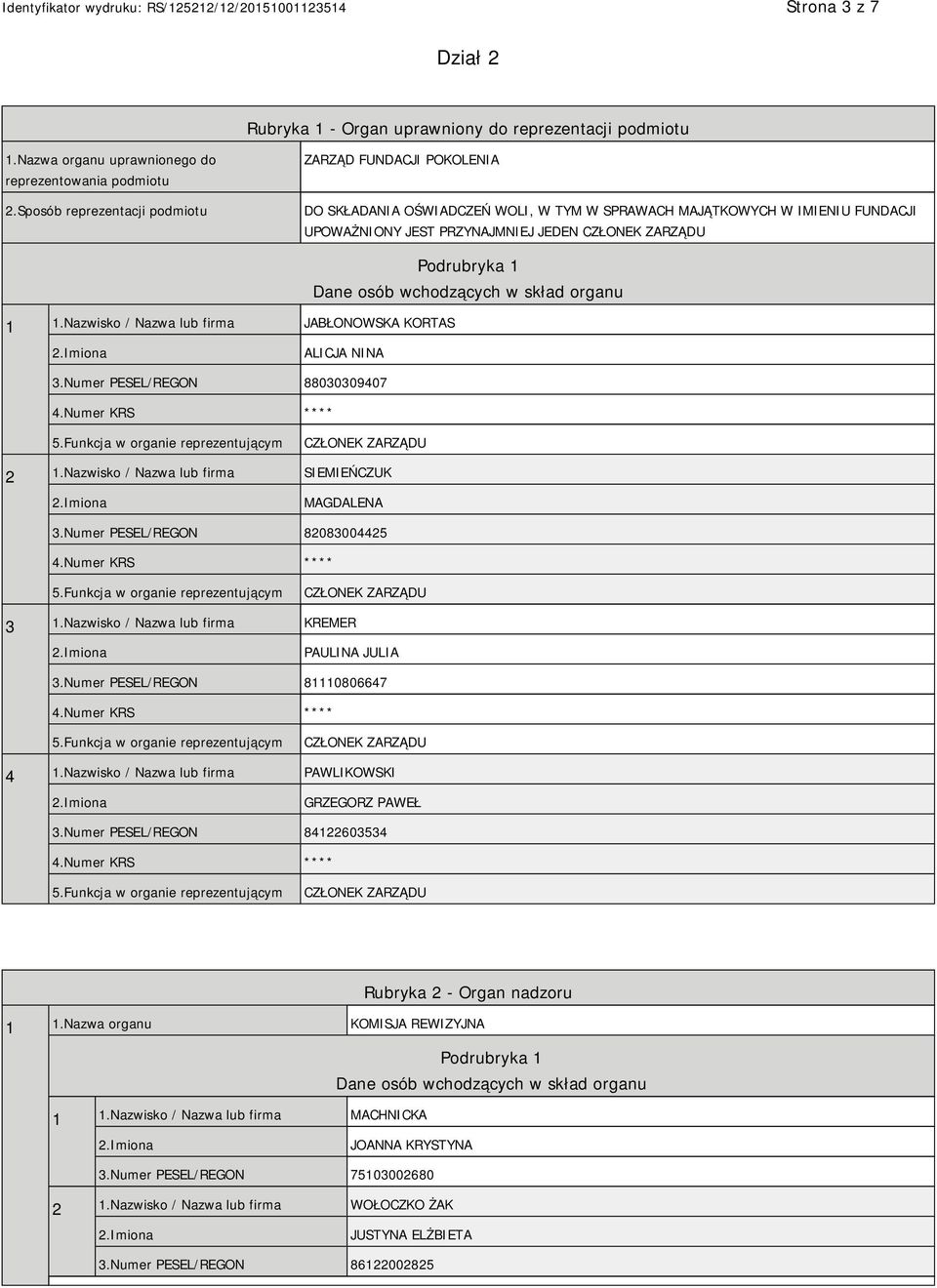 Nazwisko / Nazwa lub firma JABŁONOWSKA KORTAS Podrubryka 1 Dane osób wchodzących w skład organu ALICJA NINA 3.Numer PESEL/REGON 88030309407 2 1.Nazwisko / Nazwa lub firma SIEMIEŃCZUK MAGDALENA 3.