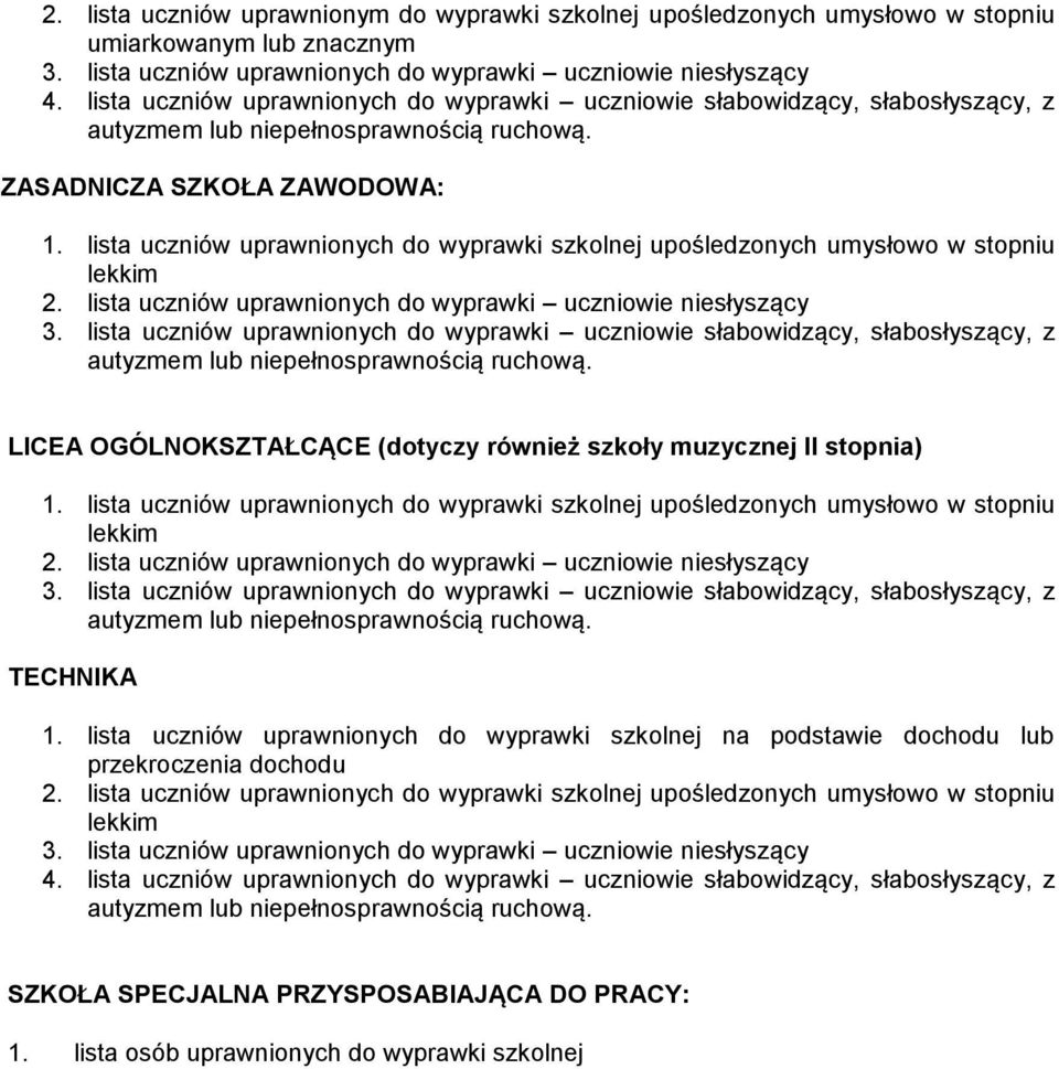 lista uczniów uprawnionych wyprawki szkolnej upośledzonych umysłowo w stopniu lekkim 2. lista uczniów uprawnionych wyprawki uczniowie niesłyszący 3.