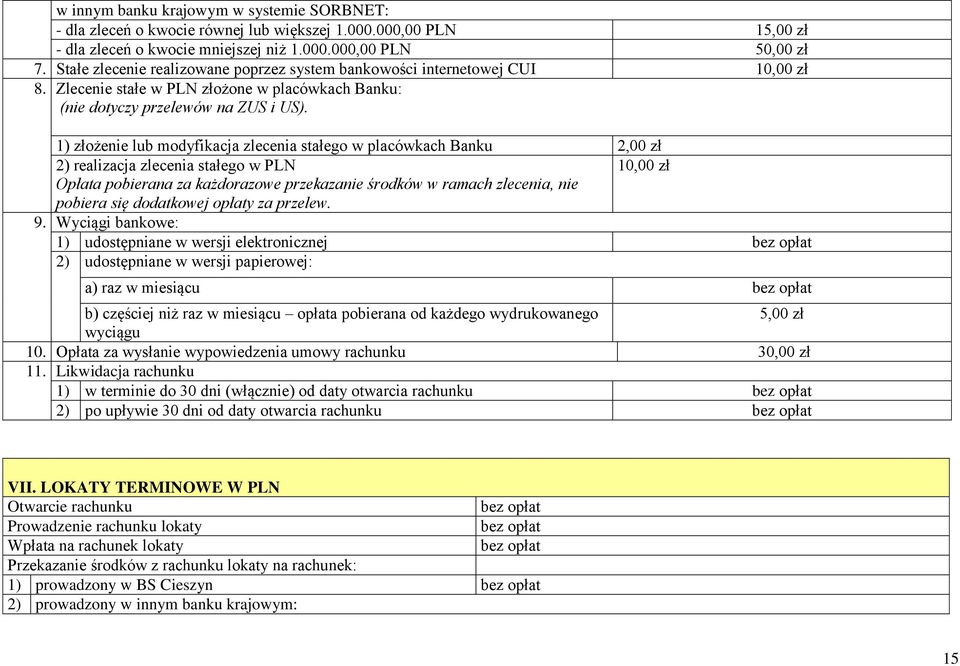 1) złożenie lub modyfikacja zlecenia stałego w placówkach Banku 2,00 zł 2) realizacja zlecenia stałego w PLN 10,00 zł Opłata pobierana za każdorazowe przekazanie środków w ramach zlecenia, nie