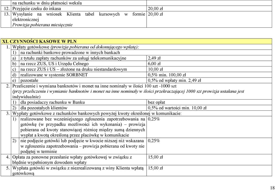 Wpłaty gotówkowe (prowizja pobierana od dokonującego wpłatę): 1) na rachunki bankowe prowadzone w innych bankach a) z tytułu zapłaty rachunków za usługi telekomunikacyjne 2,49 zł b) na rzecz ZUS, US