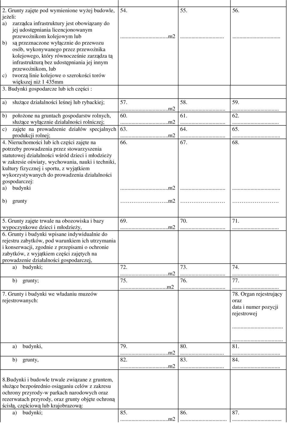 większej niż 1 435mm 3. Budynki gospodarcze lub ich części : 54..m2 55. 56.. a) służące działalności leśnej lub rybackiej; 57..m2 b) położone na gruntach gospodarstw rolnych, 60.