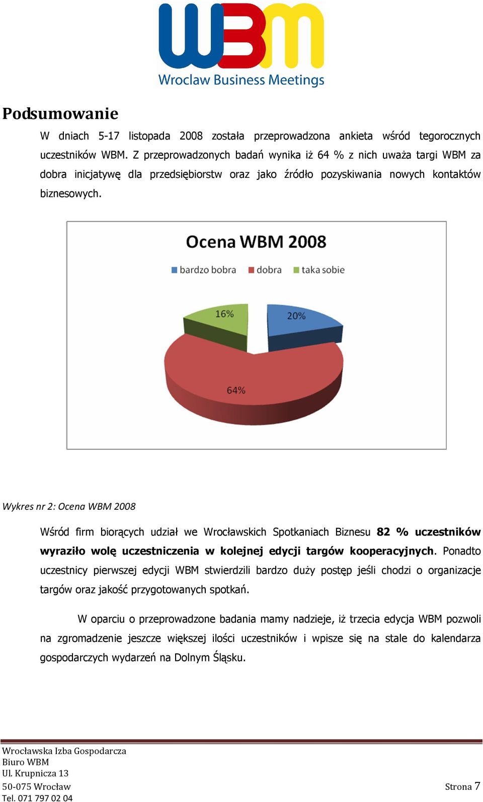 Wykres nr 2: Ocena WBM 2008 Wśród firm biorących udział we Wrocławskich Spotkaniach Biznesu 82 % uczestników wyraziło wolę uczestniczenia w kolejnej edycji targów kooperacyjnych.