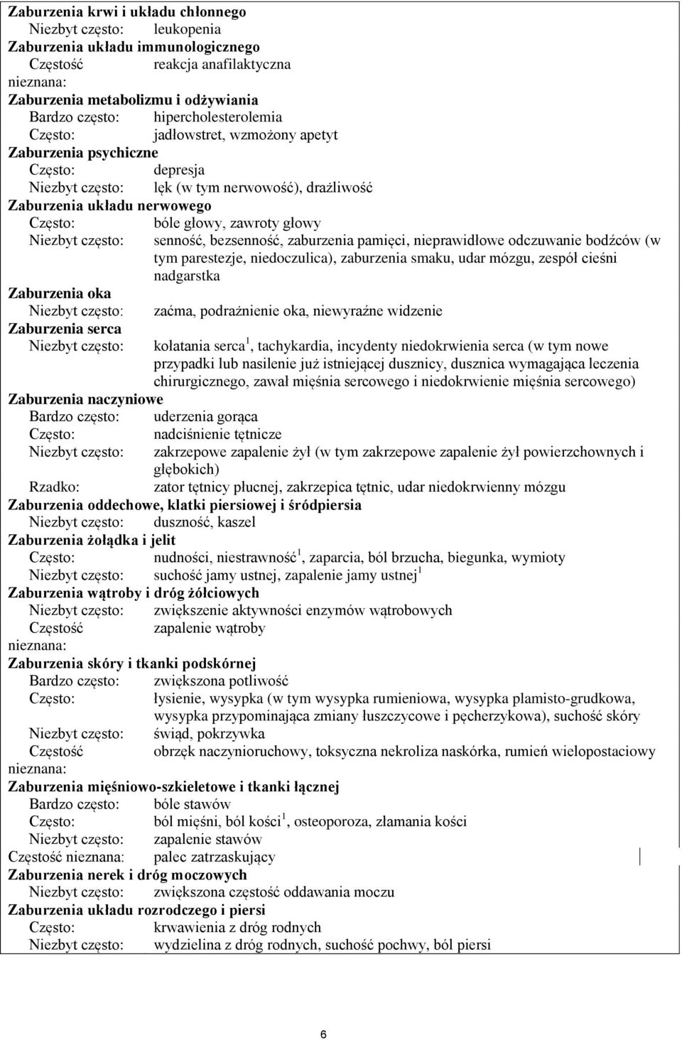 często: senność, bezsenność, zaburzenia pamięci, nieprawidłowe odczuwanie bodźców (w tym parestezje, niedoczulica), zaburzenia smaku, udar mózgu, zespół cieśni nadgarstka Zaburzenia oka Niezbyt