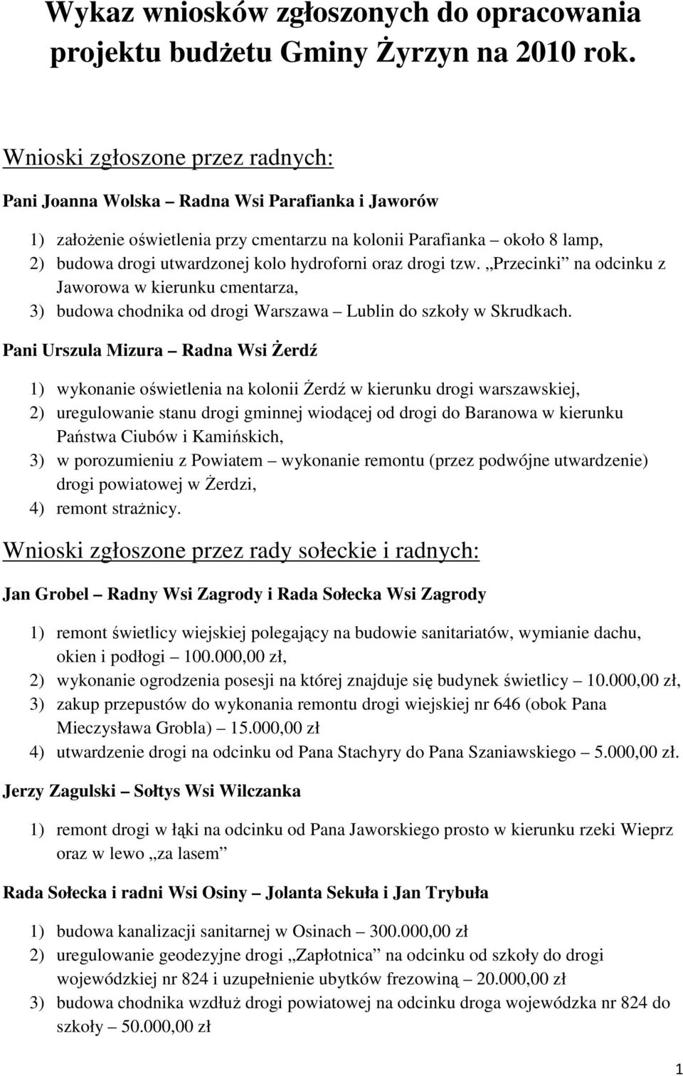 hydroforni oraz drogi tzw. Przecinki na odcinku z Jaworowa w kierunku cmentarza, 3) budowa chodnika od drogi Warszawa Lublin do szkoły w Skrudkach.