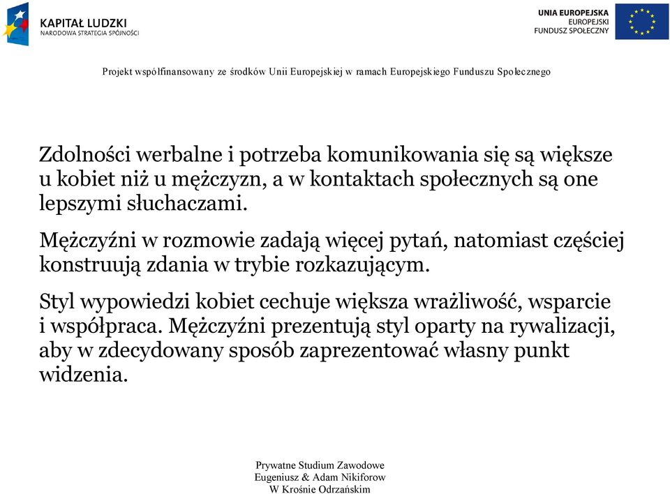 Mężczyźni w rozmowie zadają więcej pytań, natomiast częściej konstruują zdania w trybie rozkazującym.