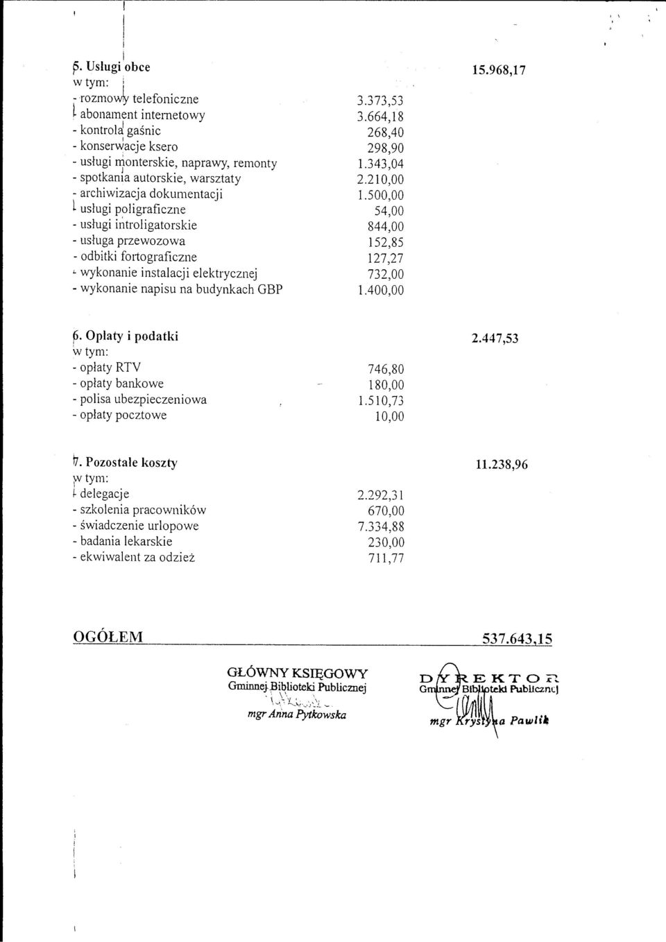 introligatorskie - usluga przewozowa - odbitki fortograficzne < wykonanie instalacji elektrycznej - wykonanie napisu na budynkach GBP 3.373,53 3.664,18 268,40 298,90 1.343,04 2.210,00 1.