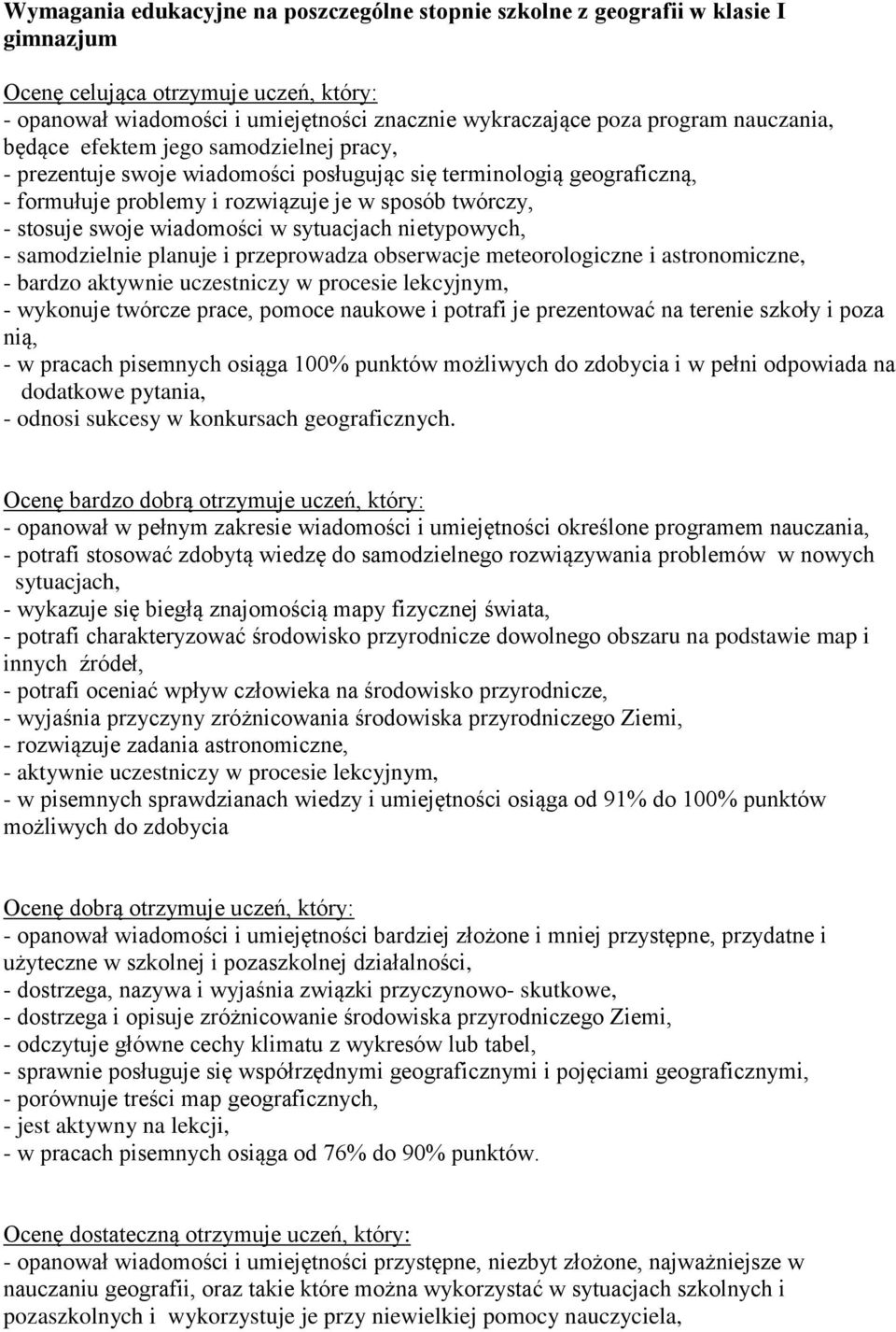 wiadomości w sytuacjach nietypowych, - samodzielnie planuje i przeprowadza obserwacje meteorologiczne i astronomiczne, - bardzo aktywnie uczestniczy w procesie lekcyjnym, - wykonuje twórcze prace,