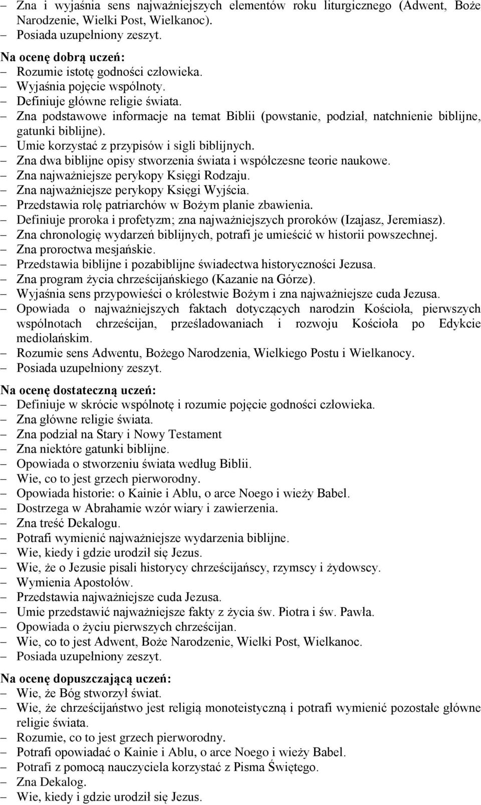 Zna dwa biblijne opisy stworzenia świata i współczesne teorie naukowe. Zna najważniejsze perykopy Księgi Rodzaju. Zna najważniejsze perykopy Księgi Wyjścia.