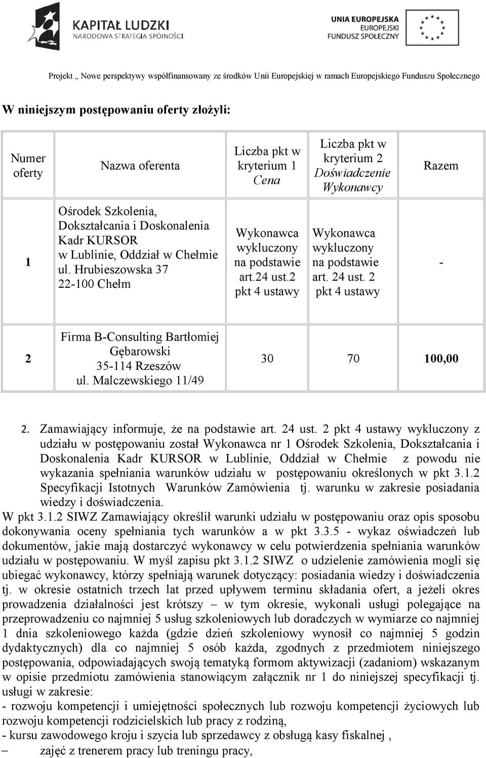 2 pkt 4 ustawy - 2 Firma B-Consulting Bartłomiej Gębarowski 35-114 Rzeszów ul. Malczewskiego 11/49 30 70 100,00 2. Zamawiający informuje, że na podstawie art. 24 ust.