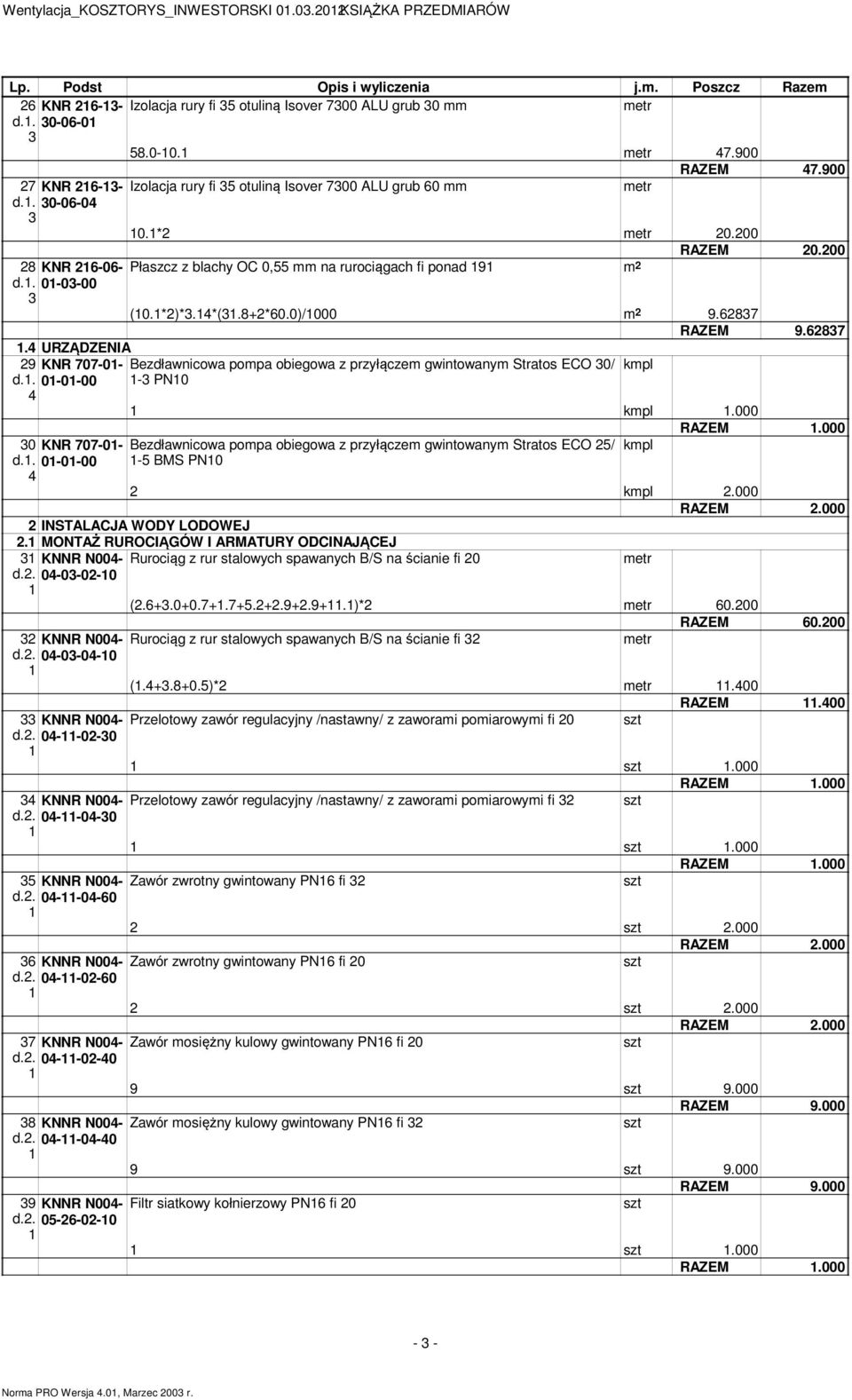 0)/000 9.6287 RAZEM 9.6287.4 URZĄDZENIA 29 d.. 4 KNR 707-0- 0-0-00 Bezdławnicowa pompa obiegowa z przyłączem gwintowanym Stratos ECO 0/ - PN0 kmpl.000 RAZEM.