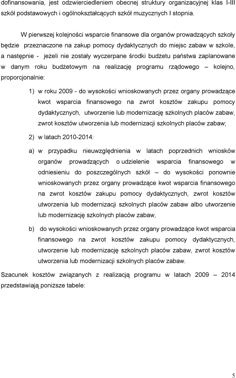 środki budżetu państwa zaplanowane w danym roku budżetowym na realizację programu rządowego kolejno, proporcjonalnie: 1) w roku 2009 - do wysokości wnioskowanych przez organy prowadzące kwot wsparcia