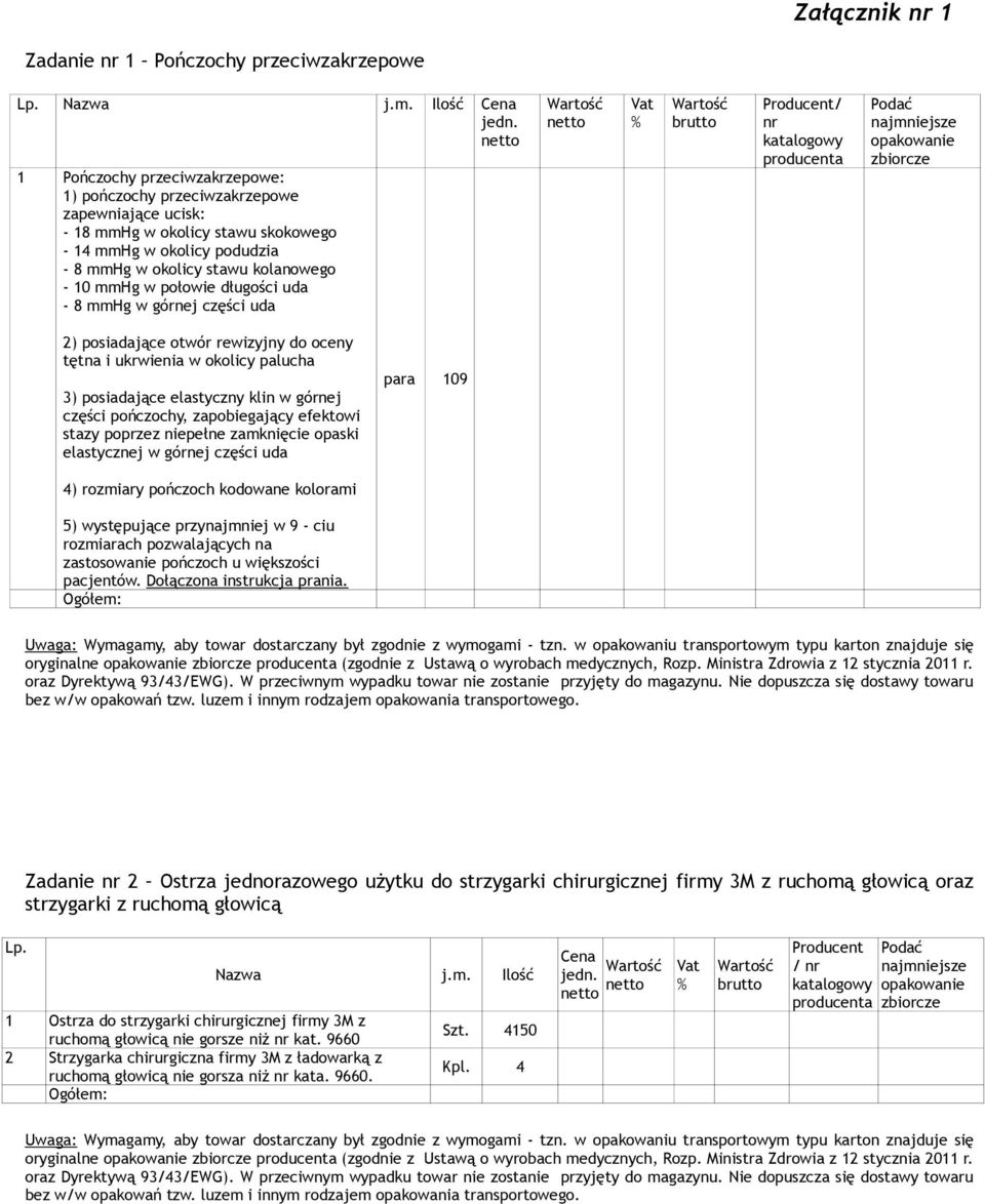 w połowie długości uda - 8 mmhg w górnej części uda Wartość netto Vat % Wartość brutto Producent/ nr katalogowy producenta Podać najmniejsze opakowanie zbiorcze 2) posiadające otwór rewizyjny do