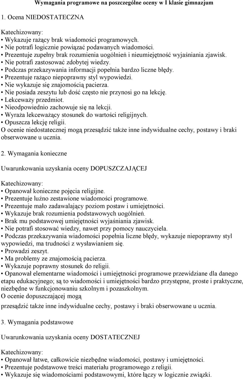 Prezentuje rażąco niepoprawny styl wypowiedzi. Nie wykazuje się znajomością pacierza. Nie posiada zeszytu lub dość często nie przynosi go na lekcję. Lekceważy przedmiot.