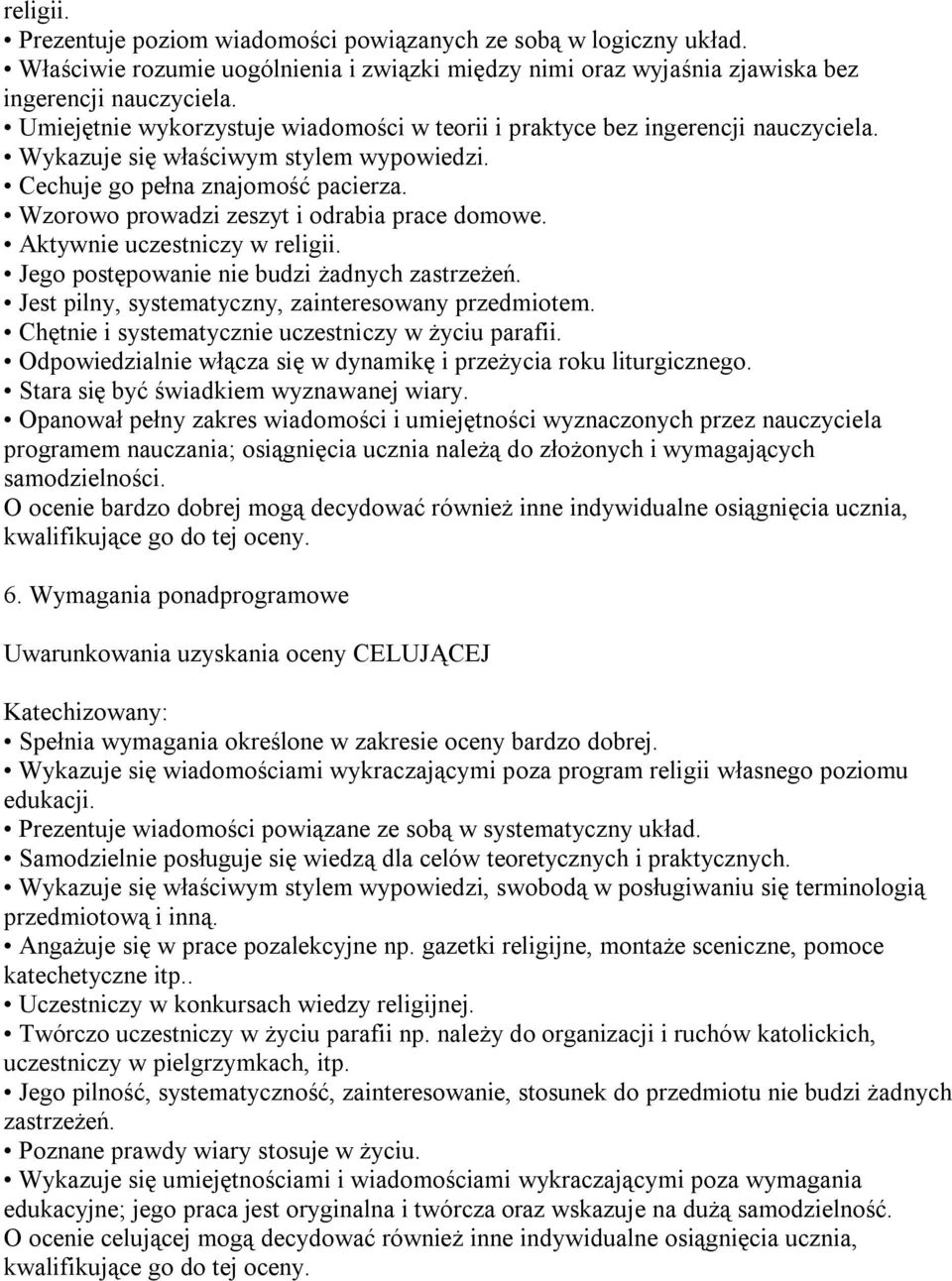 Wzorowo prowadzi zeszyt i odrabia prace domowe. Aktywnie uczestniczy w religii. Jego postępowanie nie budzi żadnych zastrzeżeń. Jest pilny, systematyczny, zainteresowany przedmiotem.