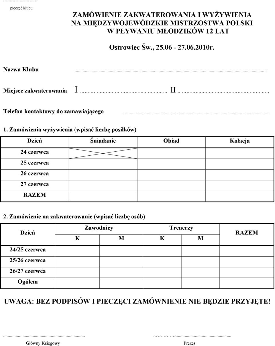 Zamówienia wyżywienia (wpisać liczbę posiłków) Dzień Śniadanie Obiad Kolacja 24 czerwca 25 czerwca 26 czerwca 27 czerwca RAZEM 2.