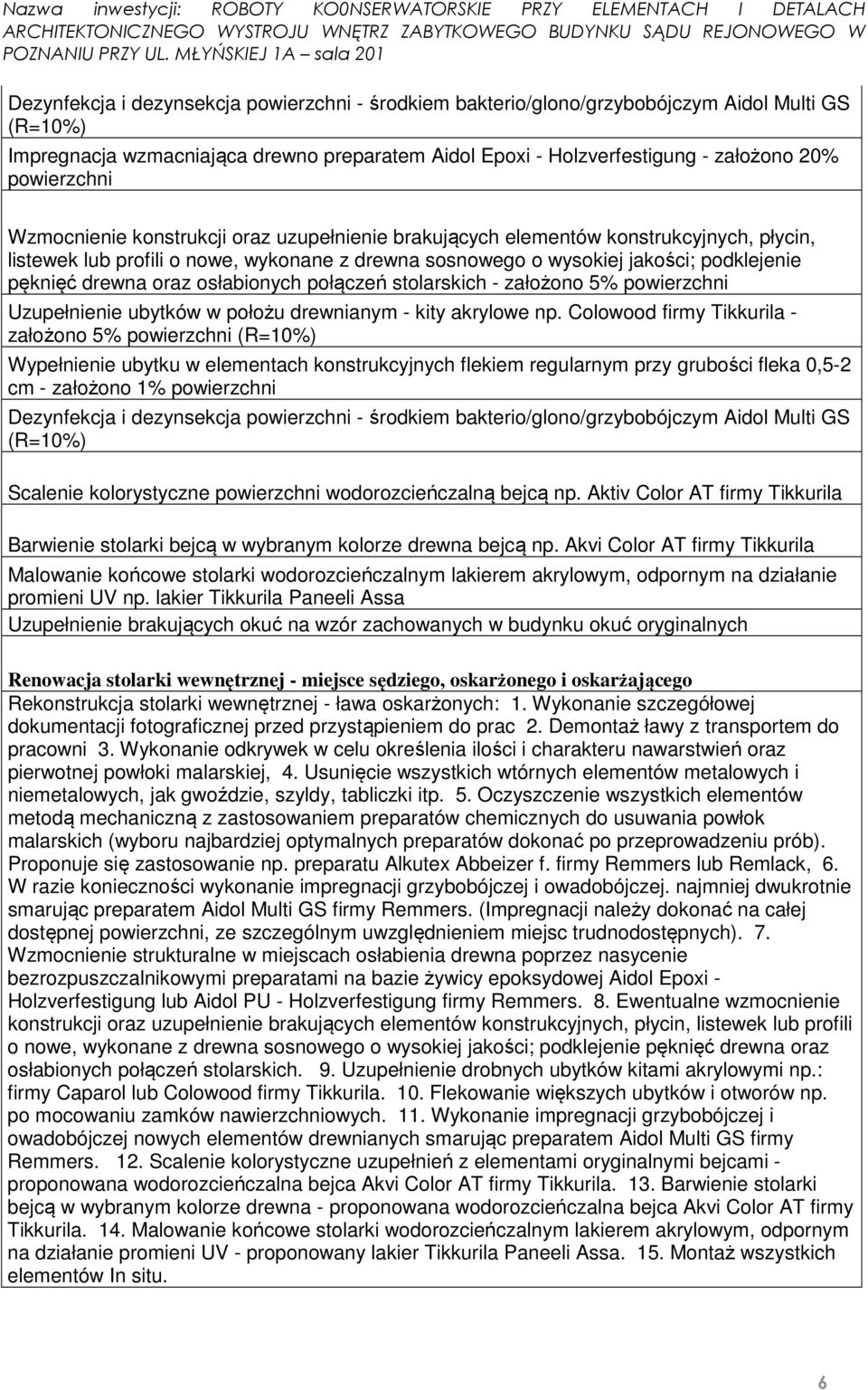 drewna oraz osłabionych połączeń stolarskich - założono 5% powierzchni Uzupełnienie ubytków w położu drewnianym - kity akrylowe np.