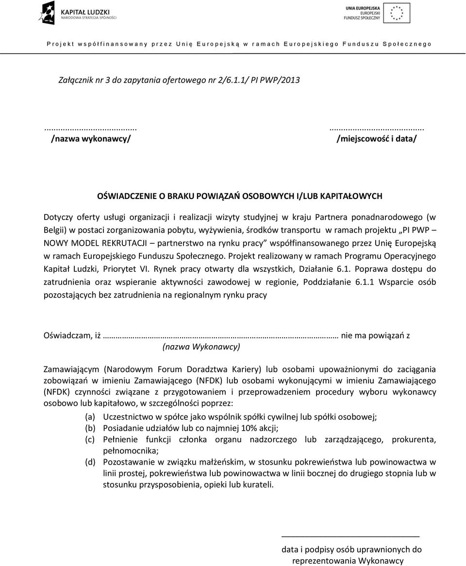 ponadnarodowego (w Belgii) w postaci zorganizowania pobytu, wyżywienia, środków transportu w ramach projektu PI PWP NOWY MODEL REKRUTACJI partnerstwo na rynku pracy współfinansowanego przez Unię