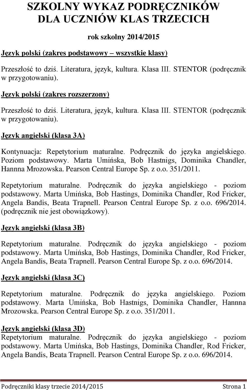 Język angielski (klasa 3A) Kontynuacja: Repetytorium maturalne. Podręcznik do języka angielskiego. Poziom podstawowy. Marta Umińska, Bob Hastnigs, Dominika Chandler, Hannna Mrozowska.