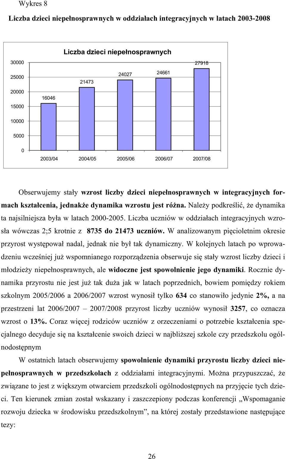 Nale y podkre li, e dynamika ta najsilniejsza by a w latach 2000-2005. Liczba uczniów w oddzia ach integracyjnych wzros a wówczas 2;5 krotnie z 8735 do 21473 uczniów.