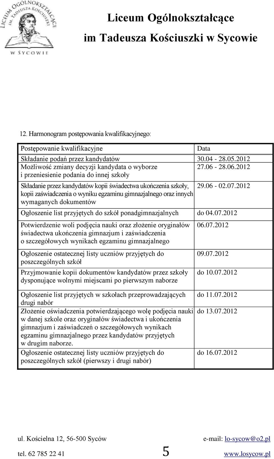 2012 i przeniesienie podania do innej szkoły Składanie przez kandydatów kopii świadectwa ukończenia szkoły, kopii zaświadczenia o wyniku egzaminu gimnazjalnego oraz innych wymaganych dokumentów 29.