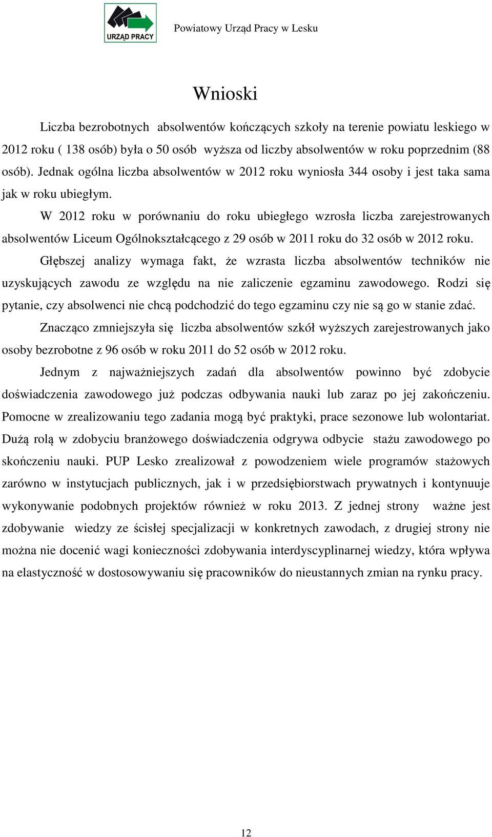 W 2012 roku w porównaniu do roku ubiegłego wzrosła liczba zarejestrowanych absolwentów Liceum Ogólnokształcącego z 29 osób w 2011 roku do 32 osób w 2012 roku.