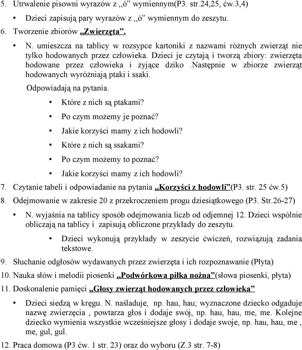 następnie w zbiorze zwierząt hodowanych wyróżniają ptaki i ssaki. Odpowiadają na pytania. Które z nich są ptakami? Po czym możemy je poznać? Jakie korzyści mamy z ich hodowli? Które z nich są ssakami?