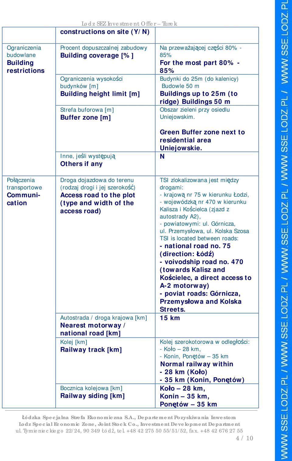 plot (type and width of the access road) Autostrada / droga krajowa km earest motorway / national road km Kolej km Railway track km Bocznica kolejowa km Railway siding km a przewa aj cej cz ci 80% -