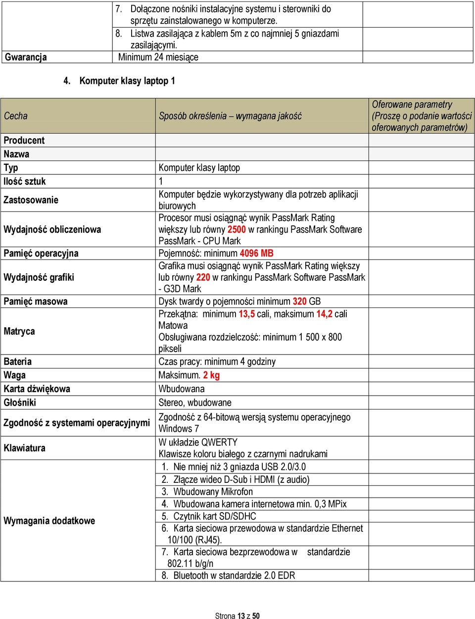 lub równy 2500 w rankingu PassMark Software PassMark - CPU Mark Pamięć operacyjna Pojemność: minimum 4096 MB Grafika musi osiągnąć wynik PassMark Rating większy Wydajność grafiki lub równy 220 w