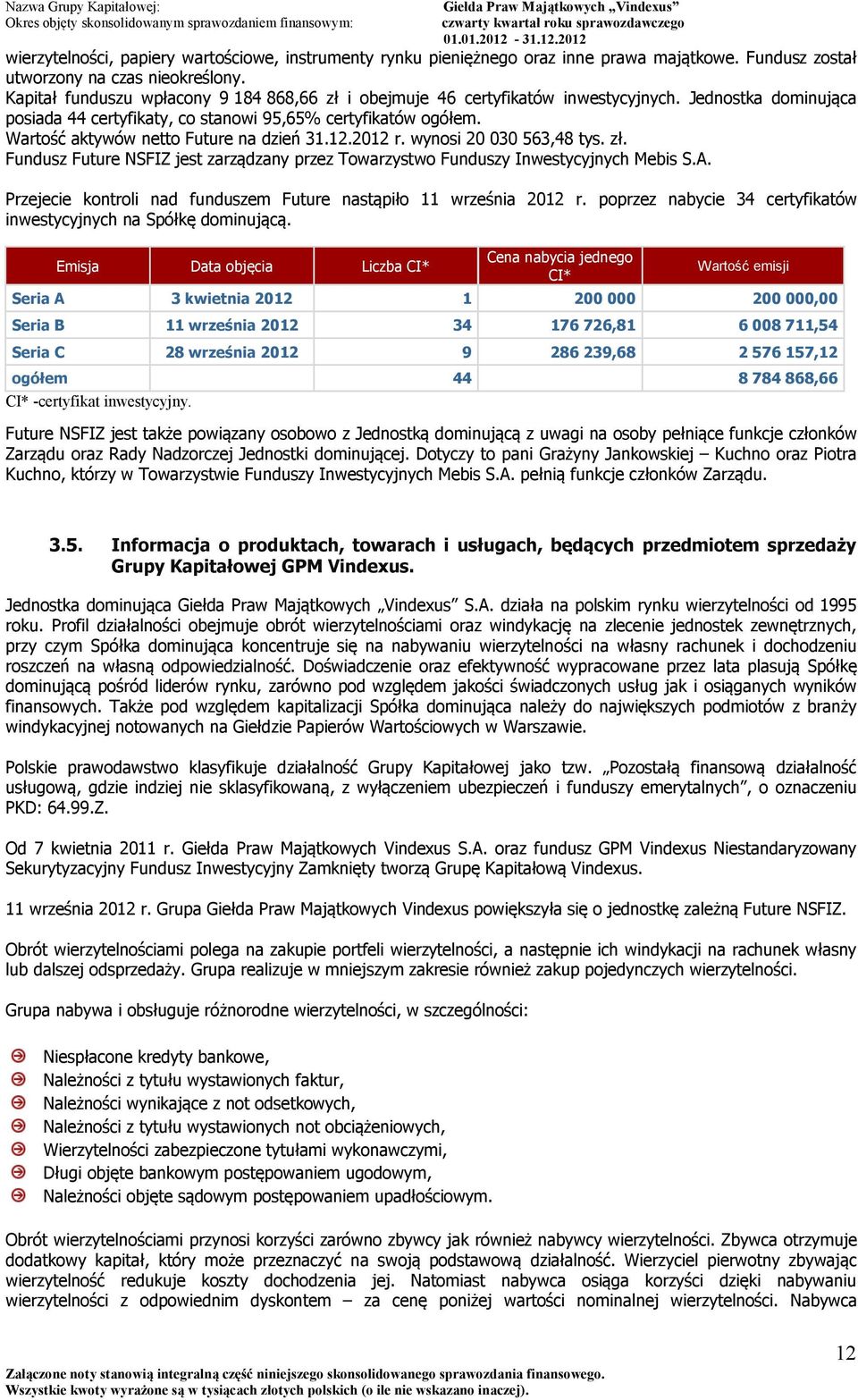 Wartość aktywów netto Future na dzień 31.12.2012 r. wynosi 20 030 563,48 tys. zł. Fundusz Future NSFIZ jest zarządzany przez Towarzystwo Funduszy Inwestycyjnych Mebis S.A.