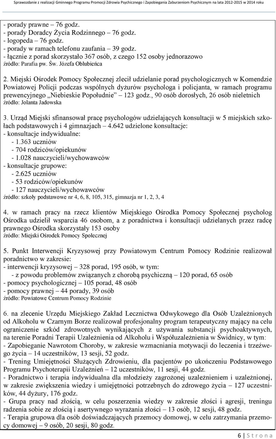 Miejski Ośrodek Pomocy Społecznej zlecił udzielanie porad psychologicznych w Komendzie Powiatowej Policji podczas wspólnych dyżurów psychologa i policjanta, w ramach programu prewencyjnego Niebieskie