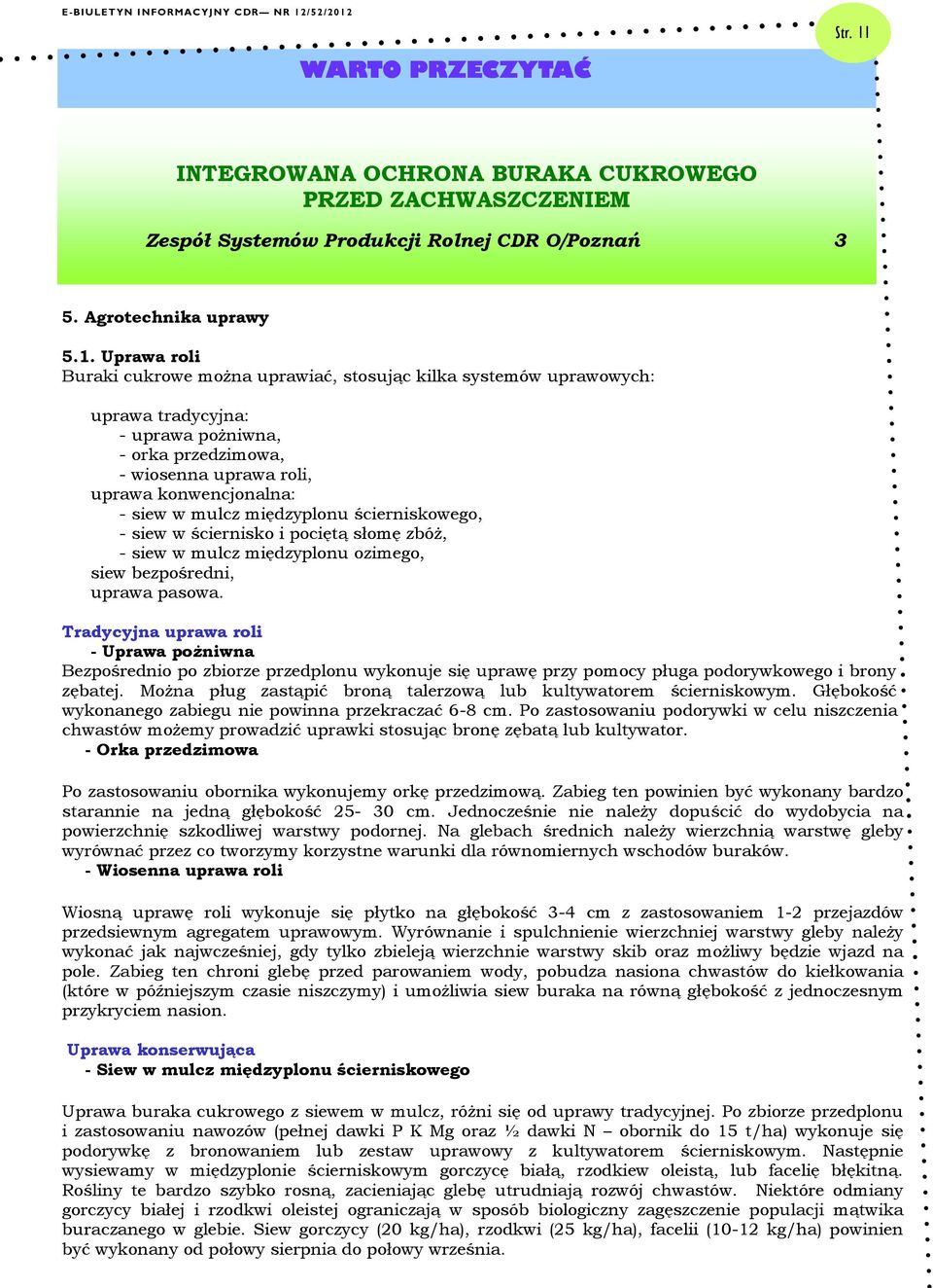 Uprawa roli Buraki cukrowe można uprawiać, stosując kilka systemów uprawowych: uprawa tradycyjna: - uprawa pożniwna, - orka przedzimowa, - wiosenna uprawa roli, uprawa konwencjonalna: - siew w mulcz