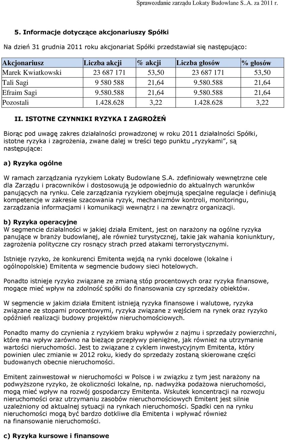 ISTOTNE CZYNNIKI RYZYKA I ZAGROŻEŃ Biorąc pod uwagę zakres działalności prowadzonej w roku 2011 działalności Spółki, istotne ryzyka i zagrożenia, zwane dalej w treści tego punktu ryzykami, są