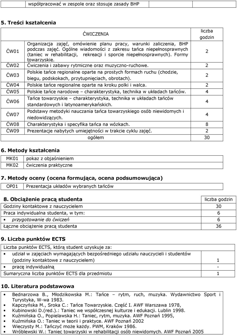 2 ĆW03 Polskie tańce regionalne oparte na prostych formach ruchu (chodzie, biegu, podskokach, przytupnięciach, obrotach). ĆW04 Polskie tańce regionalne oparte na kroku polki i walca.