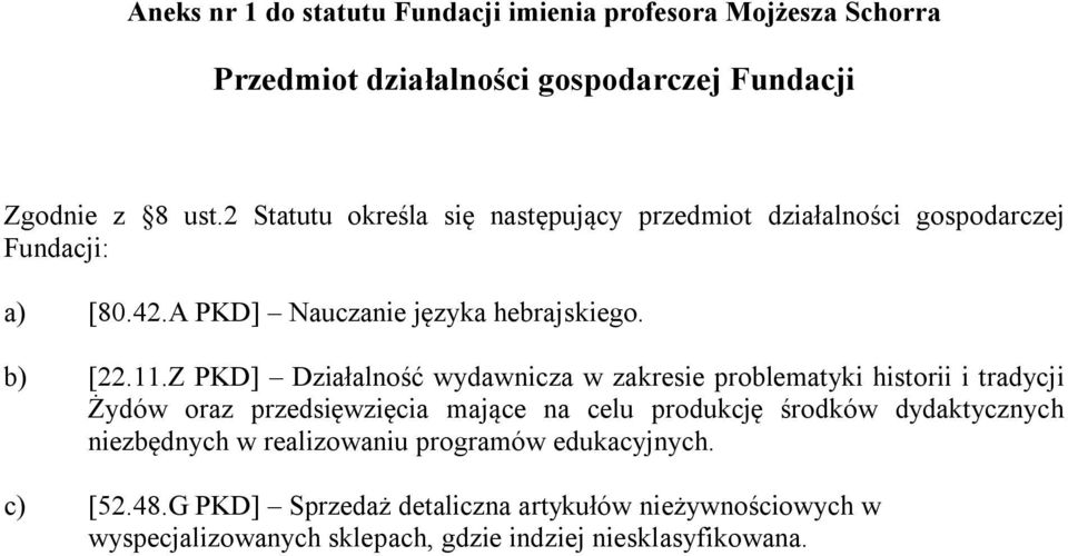 Z PKD] Działalność wydawnicza w zakresie problematyki historii i tradycji Żydów oraz przedsięwzięcia mające na celu produkcję środków dydaktycznych