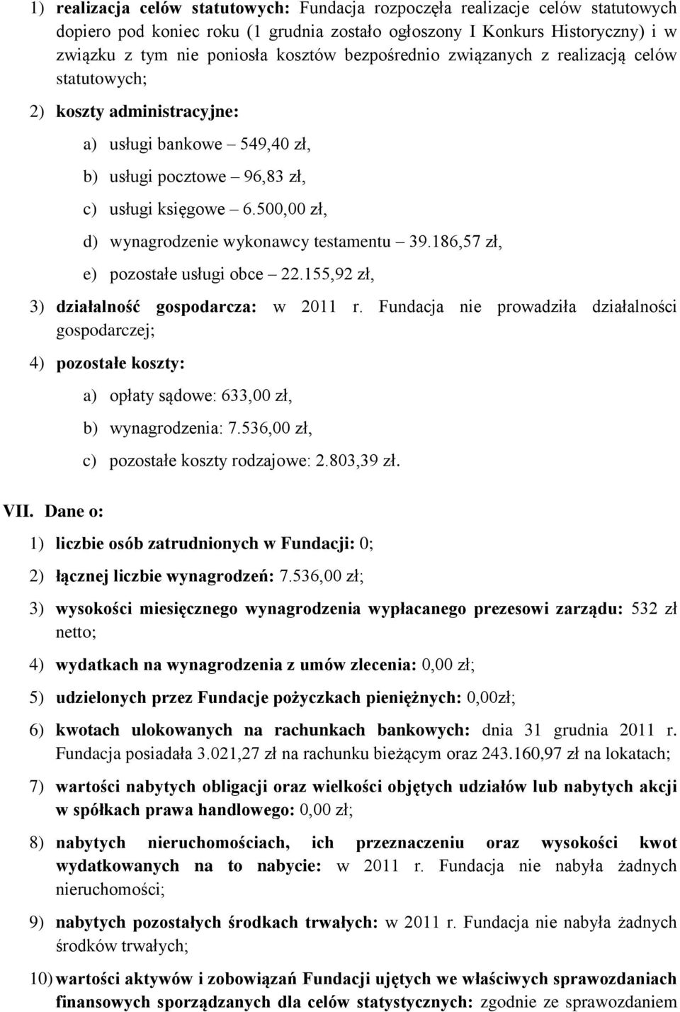 500,00 zł, d) wynagrodzenie wykonawcy testamentu 39.186,57 zł, e) pozostałe usługi obce 22.155,92 zł, 3) działalność gospodarcza: w 2011 r.