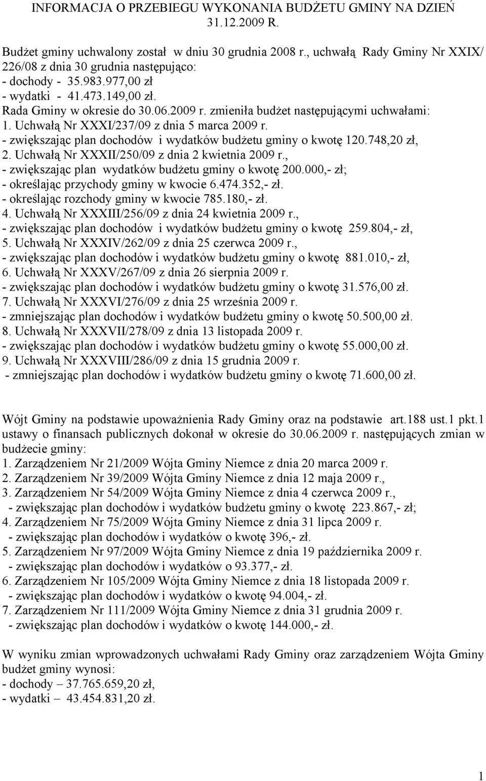 zmieniła budżet następującymi uchwałami: 1. Uchwałą Nr XXXI/237/09 z dnia 5 marca 2009 r. - zwiększając plan dochodów i wydatków budżetu gminy o kwotę 120.748,20 zł, 2.