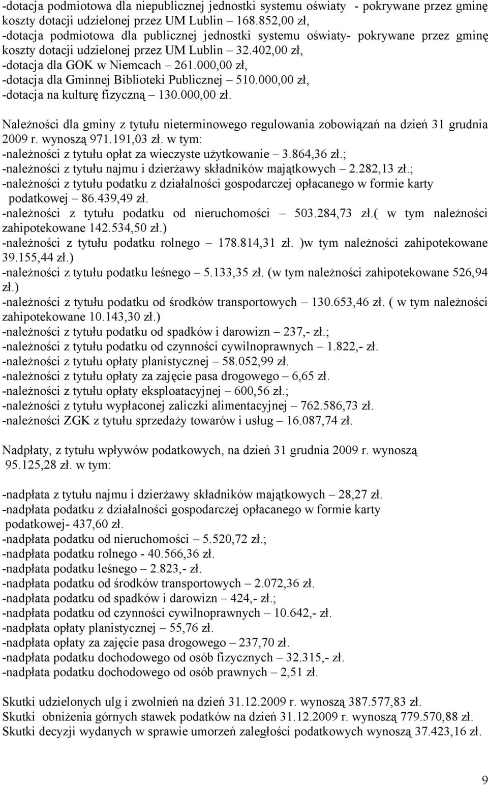 000,00 zł, -dotacja dla Gminnej Biblioteki Publicznej 510.000,00 zł, -dotacja na kulturę fizyczną 130.000,00 zł. Należności dla gminy z tytułu nieterminowego regulowania zobowiązań na dzień 31 grudnia 2009 r.