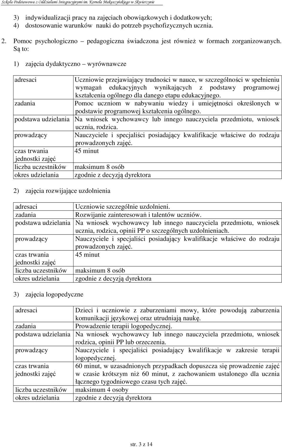 Są to: 1) zajęcia dydaktyczno wyrównawcze adresaci Uczniowie przejawiający trudności w nauce, w szczególności w spełnieniu wymagań edukacyjnych wynikających z podstawy programowej kształcenia