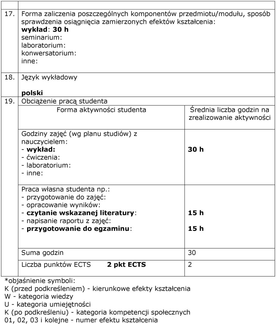 : - przygotowanie do zajęć: - opracowanie wyników: - czytanie wskazanej literatury: - napisanie raportu z zajęć: - przygotowanie do egzaminu: Średnia liczba godzin na zrealizowanie aktywności 30 h 15