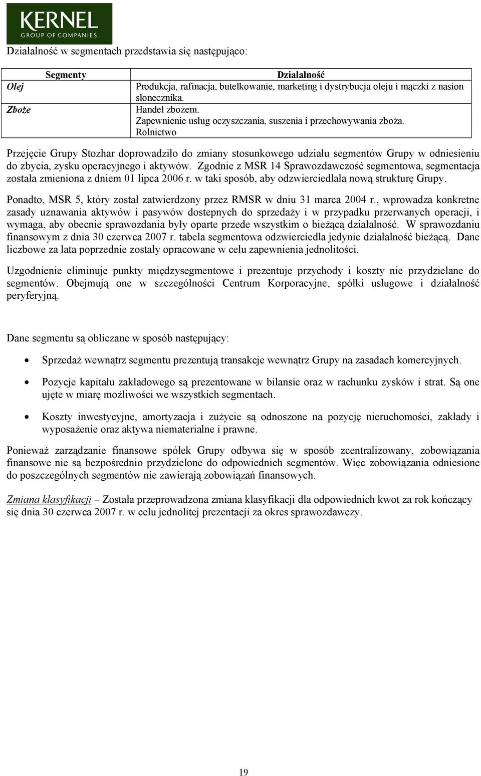 Rolnictwo Przejęcie Grupy Stozhar doprowadziło do zmiany stosunkowego udziału segmentów Grupy w odniesieniu do zbycia, zysku operacyjnego i aktywów.