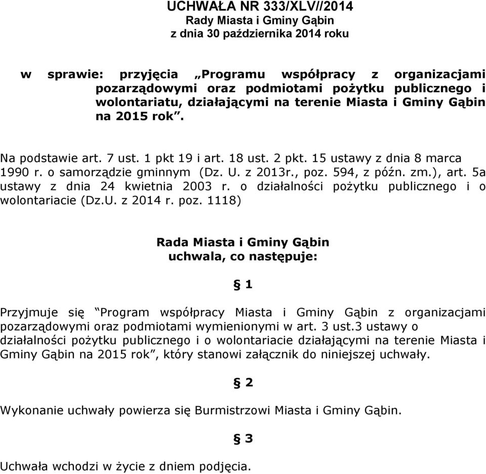 , poz. 594, z późn. zm.), art. 5a ustawy z dnia 24 kwietnia 2003 r. o działalności pożytku publicznego i o wolontariacie (Dz.U. z 2014 r. poz. 1118) Rada Miasta i Gminy Gąbin uchwala, co następuje: 1 Przyjmuje się Program współpracy Miasta i Gminy Gąbin z organizacjami pozarządowymi oraz podmiotami wymienionymi w art.