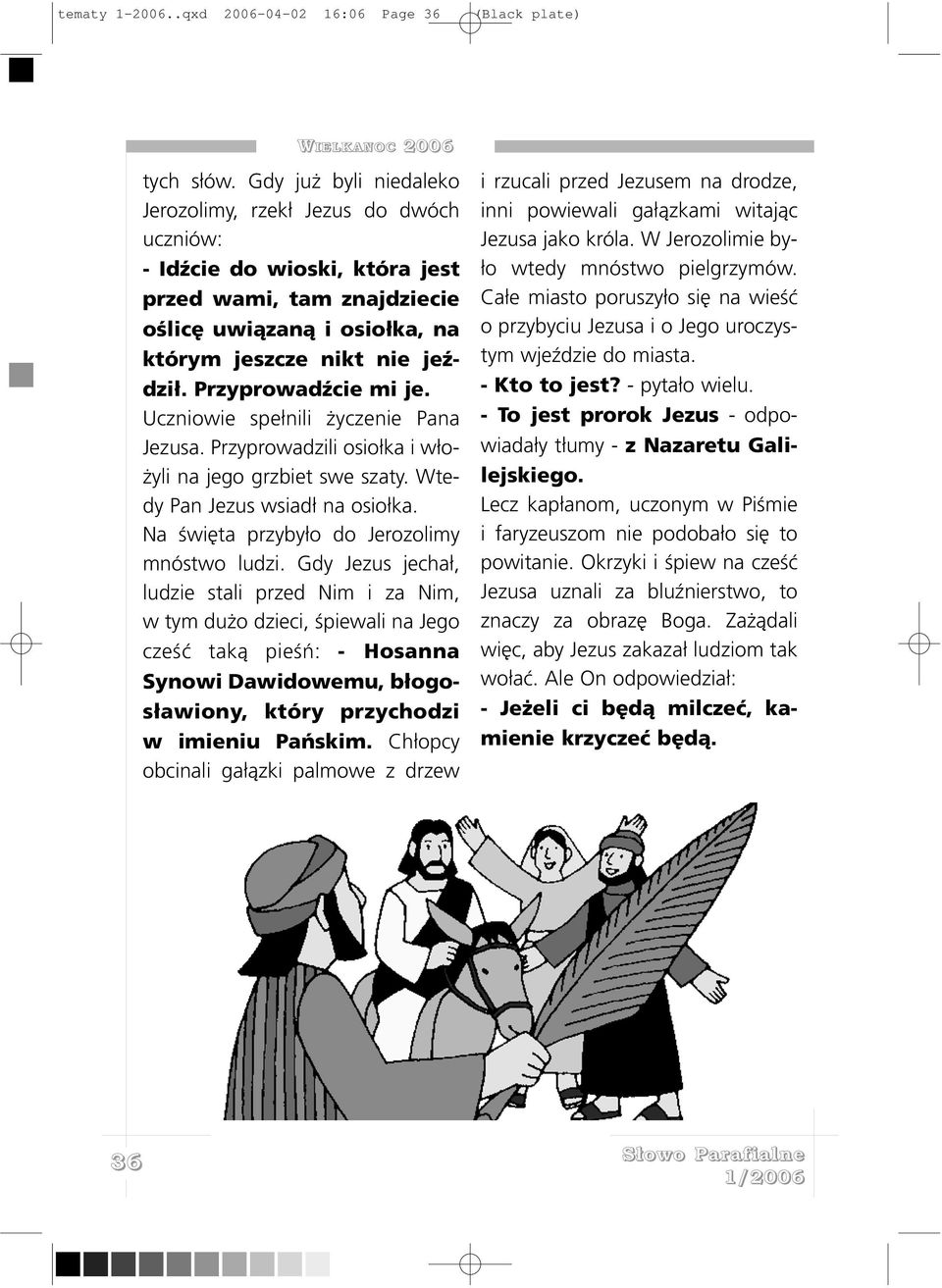 PrzyprowadŸcie mi je. Uczniowie spe³nili yczenie Pana Jezusa. Przyprowadzili osio³ka i w³o- yli na jego grzbiet swe szaty. Wtedy Pan Jezus wsiad³ na osio³ka.