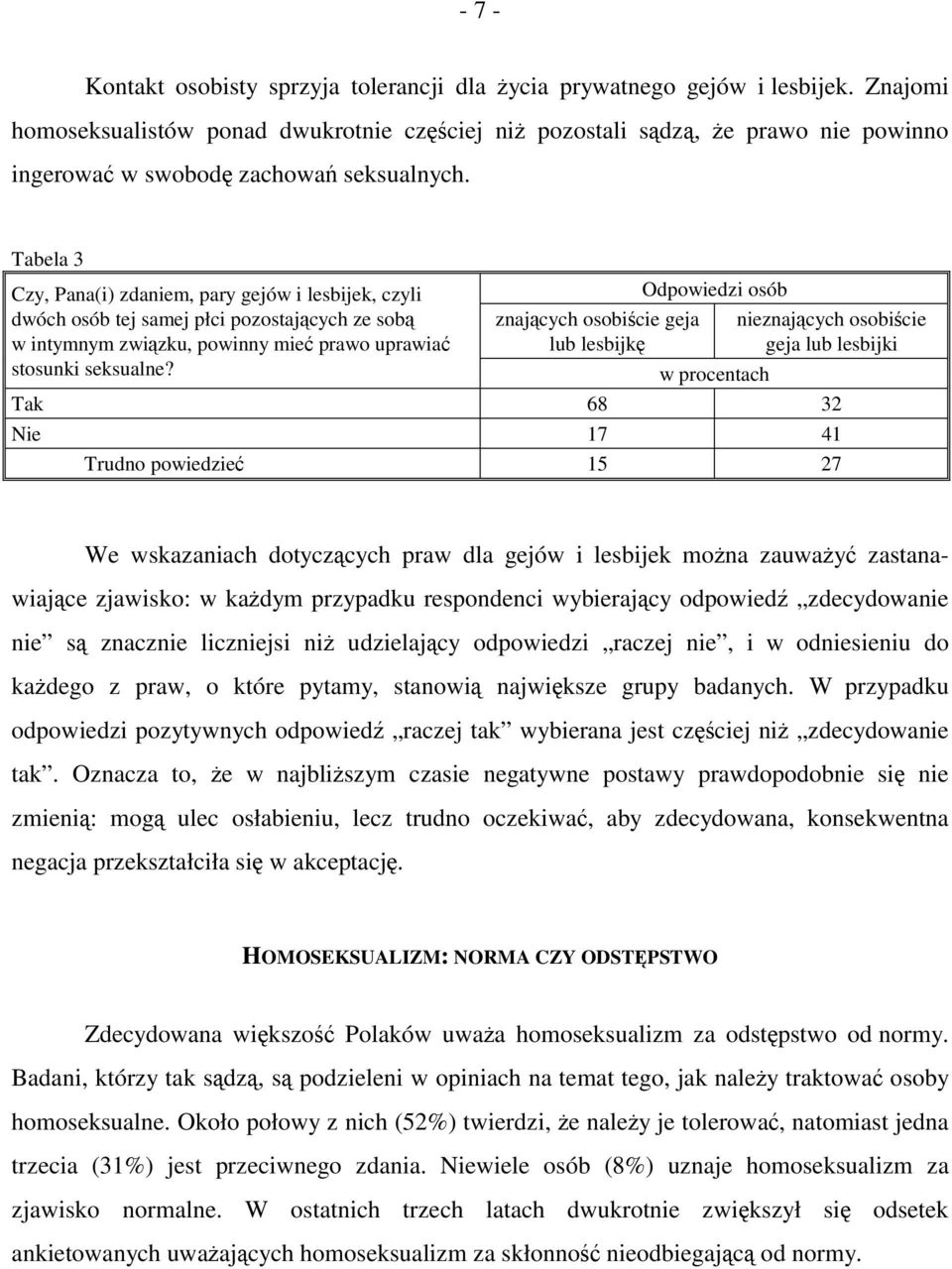 Tabela 3 Czy, Pana(i) zdaniem, pary gejów i lesbijek, czyli Odpowiedzi osób dwóch osób tej samej płci pozostających ze sobą w intymnym związku, powinny mieć prawo uprawiać znających osobiście geja